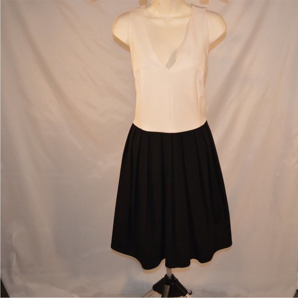 Halston Heritage Size 12 v Neck Sleeveless Black and White Lined Pleated Dress